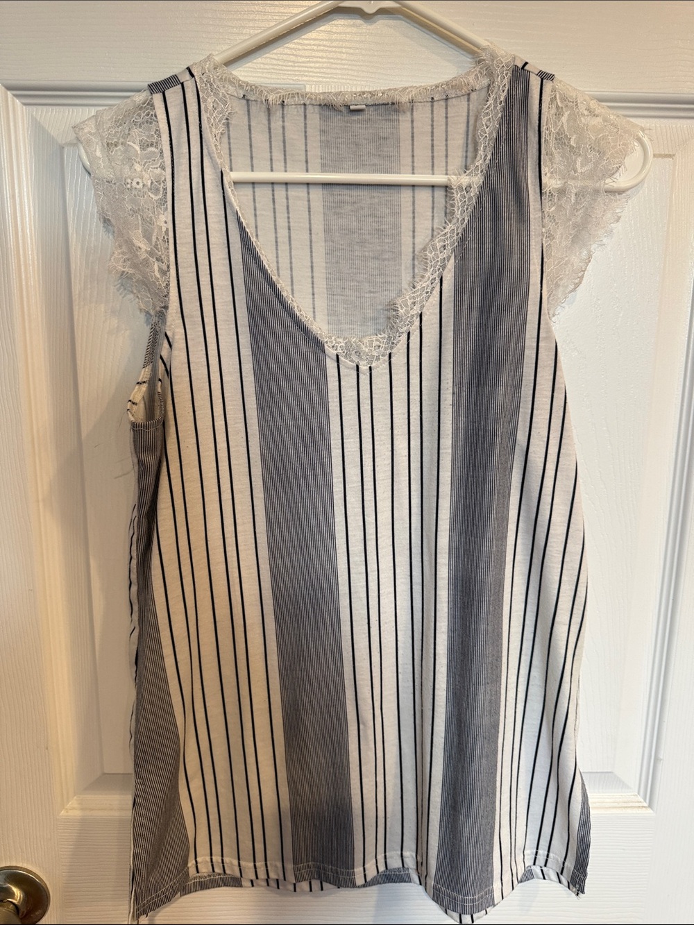 Lace-Trim Vertical Stripe Sleeveless Top